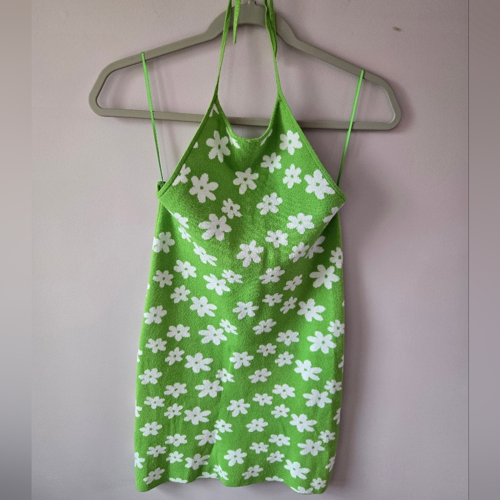 L.A. Hearts PacSun Lime Green Floral Knit Dress Halter Neck Small - Picture 2 of 6
